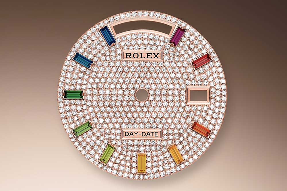 Each stone on a Rolex pave dial is checked by eye and compared with master stones to ensure only the finest examples make it onto watches.