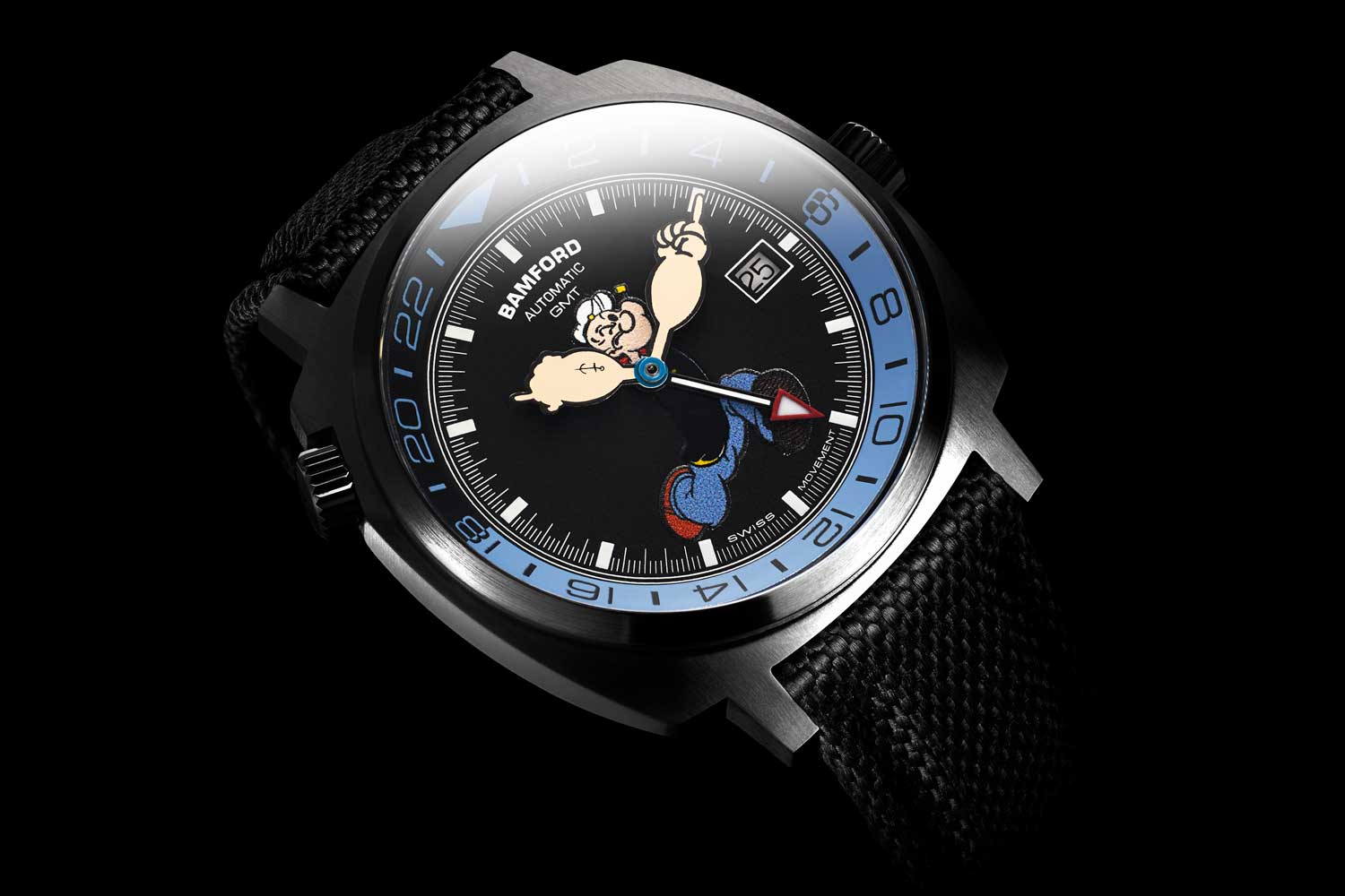 The new Popeye GMT is decked out in blue and black with Popeye’s spinach-enabled super strong arms acting as the minute and hour hands.