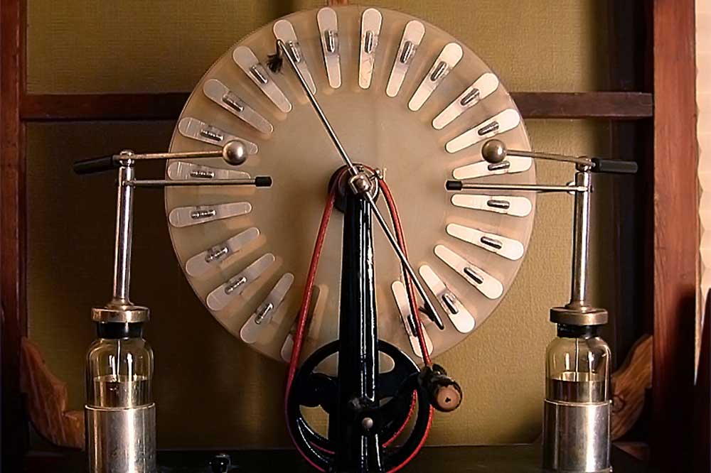 The Wimhurst Machine was an electrostatic generator made in 1880. The visual similarity of this machine to the Accutron electrostatic generators and motor is notable.