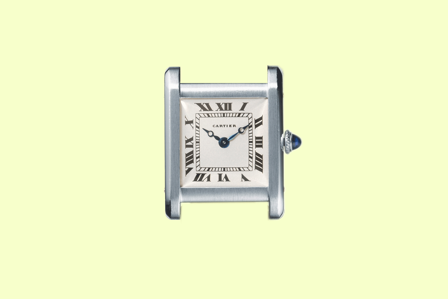 Conceived by Louis Cartier, the Tank wristwatch embodies the perfect balance between classicism and modernity. Here, function becomes form. The hours are written in Roman numerals, as in clocks of the 17th century, while the square-shaped dial is thoroughly contemporary. The Tank watch is timeless, and its success constant and universal. The biggest Hollywood stars, such as Rudolph Valentino and Gary Cooper, and the most elegant ones, like Catherine Deneuve, wore it as a statement of style and freedom. Tank wristwatch Cartier Paris, 1920 Platinum, gold, One sapphire cabochon, Leather strap. Dimensions of the case: 2.96 x 2.30 cm. © Cartier