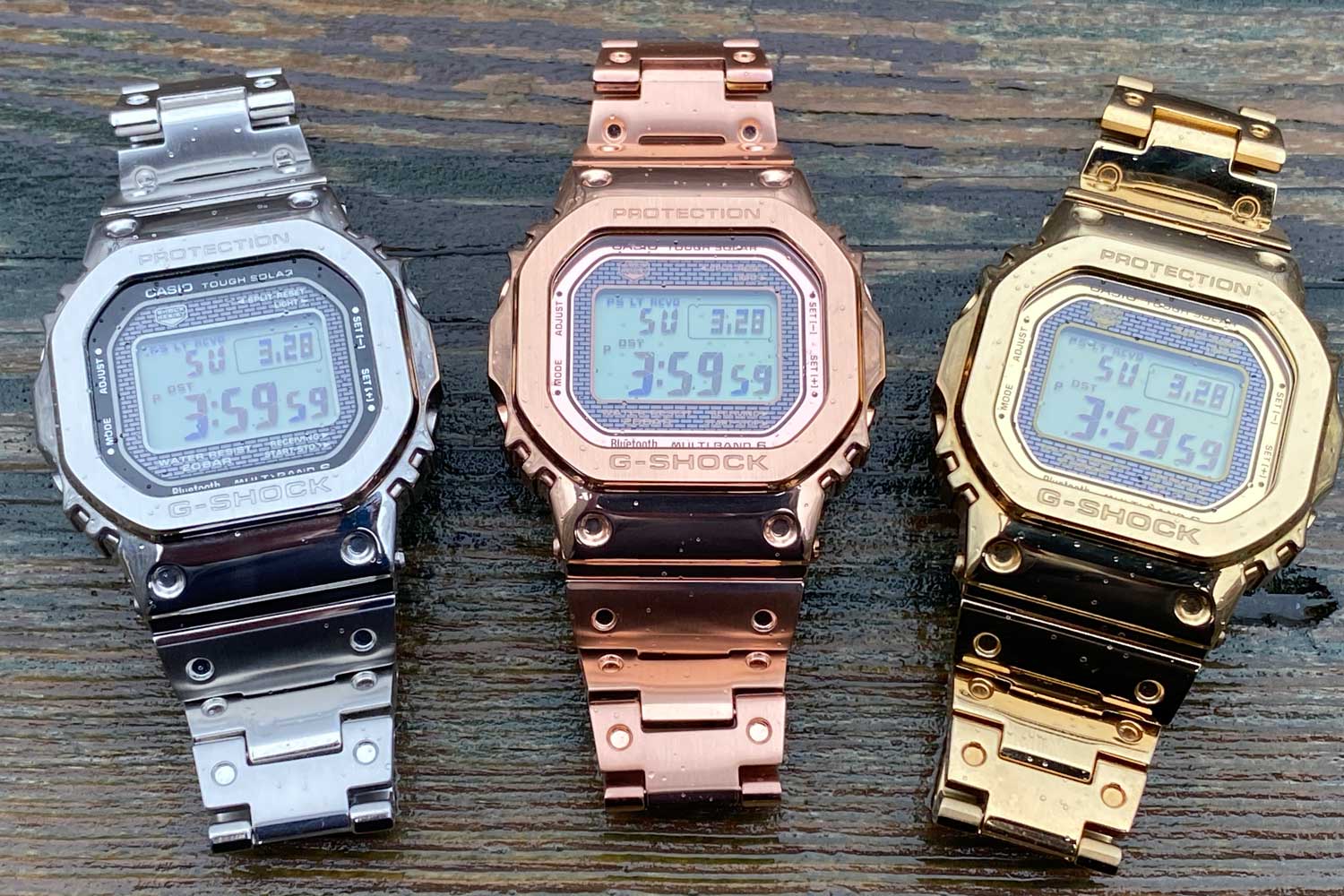 The color of the new GMW-B5000GD-4 (middle) leans towards coppery and stands out in stark contrast to the yellow gold IP (extreme left) (©Revolution)