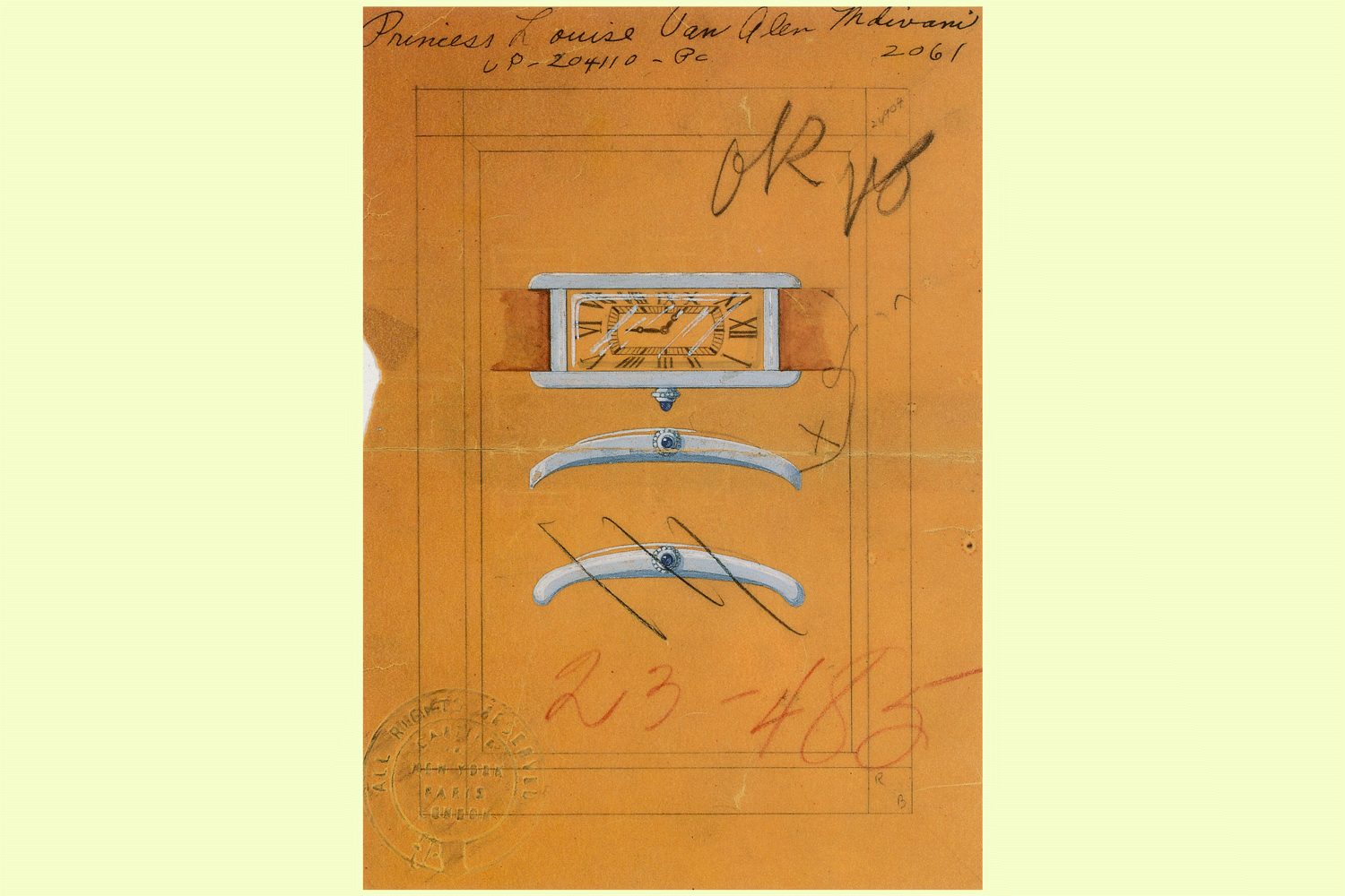 Drawing for a Tank cintrée wristwatch made for Princess Mdivani, born Louise Van Alen, Cartier New York, 1935 (©Cartier)