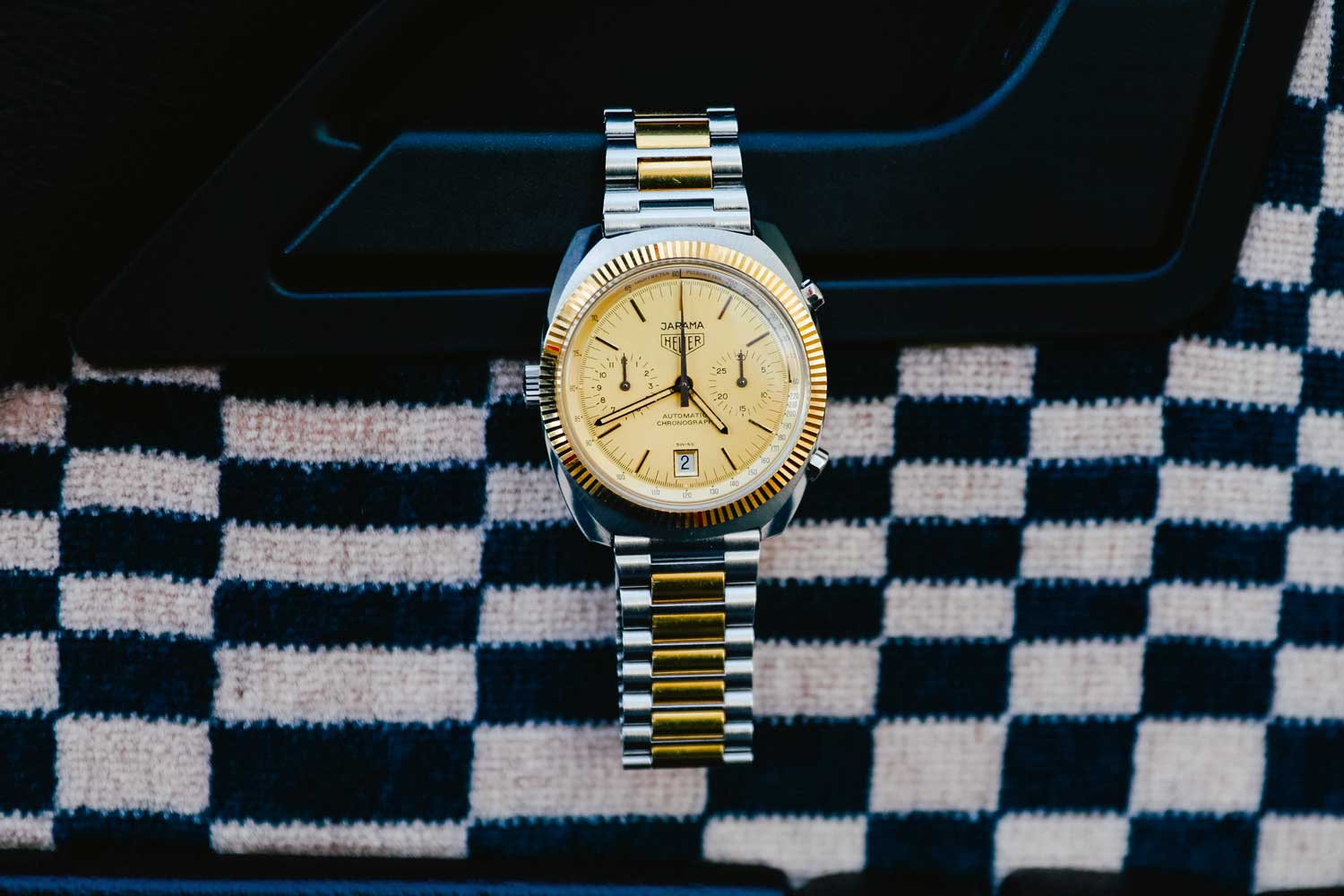 Heuer Jarama 110.225 with stainless steel case and gold fluted bezel. The 1974 Spanish Grand Prix at Jarama was the first victory for Ferrari 312B and Niki Lauda under Heuer sponsorship