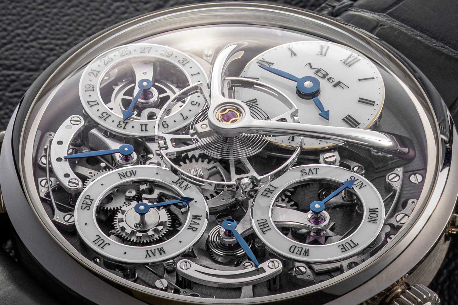 The 14mm balance wheel of the Legacy Machine Perpetual, and its indication dials hover above the movement, offering a perfect view into the 581 components of the movement conceived by Stephen McDonnell (©Revolution)