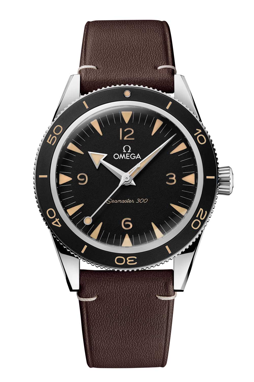 The latest version of the Seamaster 300 has a unidirectional rotating bezel with an anodised aluminium ring filled with " vintage " Super-LumiNova.