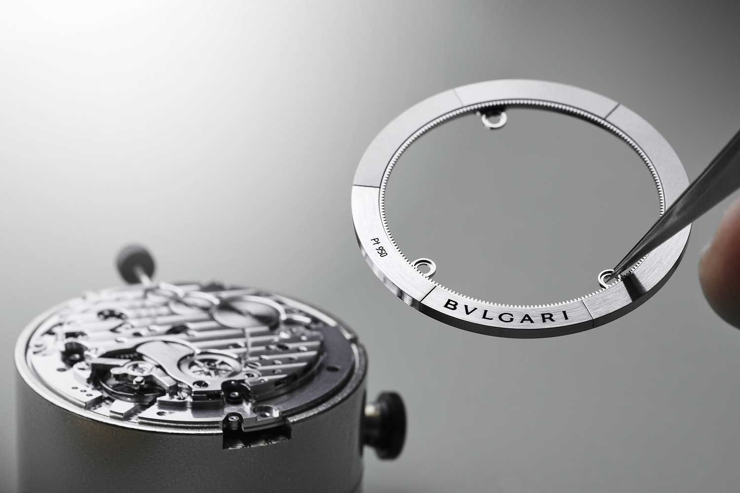 The platinum and aluminum periphery rotor of the BVL 318 movement powering the Octo Finissimo Chronograph GMT Automatic