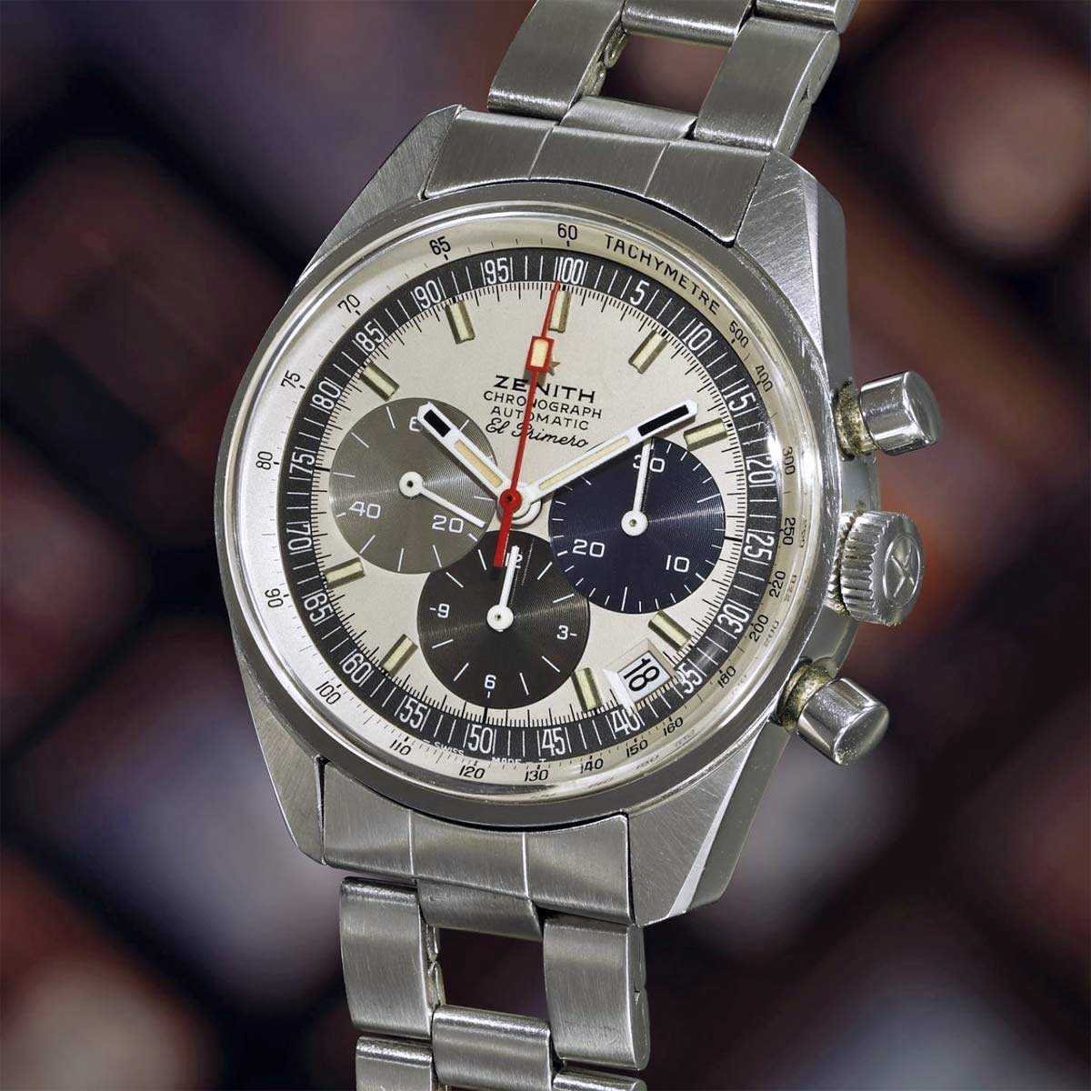 The El Primero A386 with its typical subsidiary dials in blue, light grey and anthracite from 1969 Image: Phillips Watches