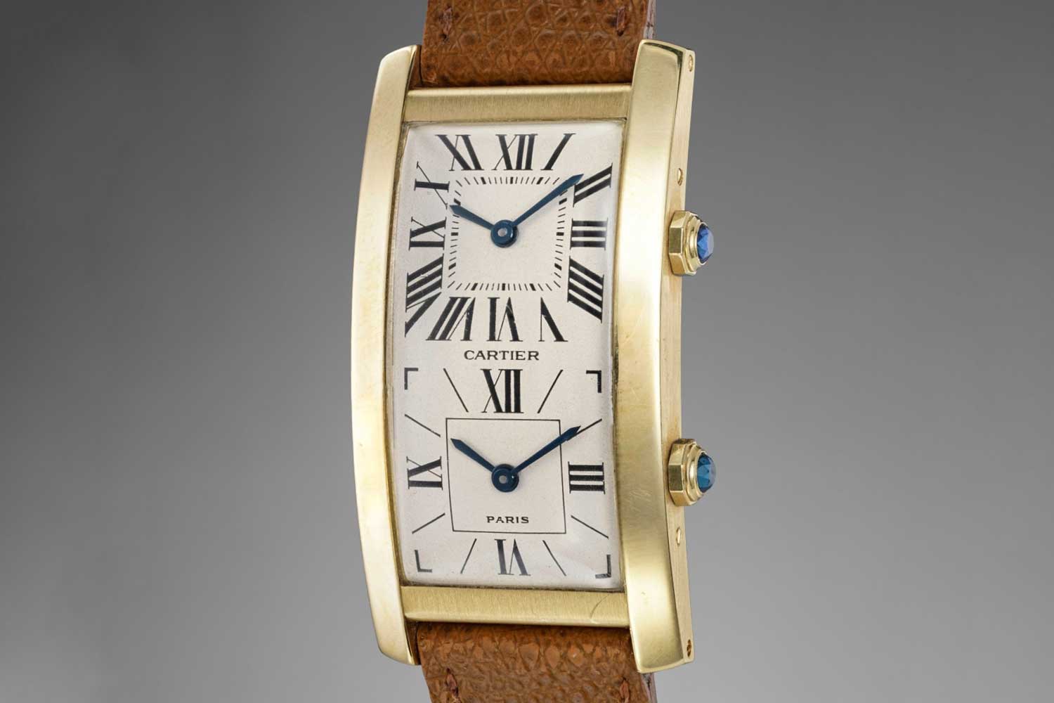 1990 Cartier Tank Cintrée Dual Time in yellow gold; sold with Phillips in 2018 for CHF 8,750 (Image: phillips.com)