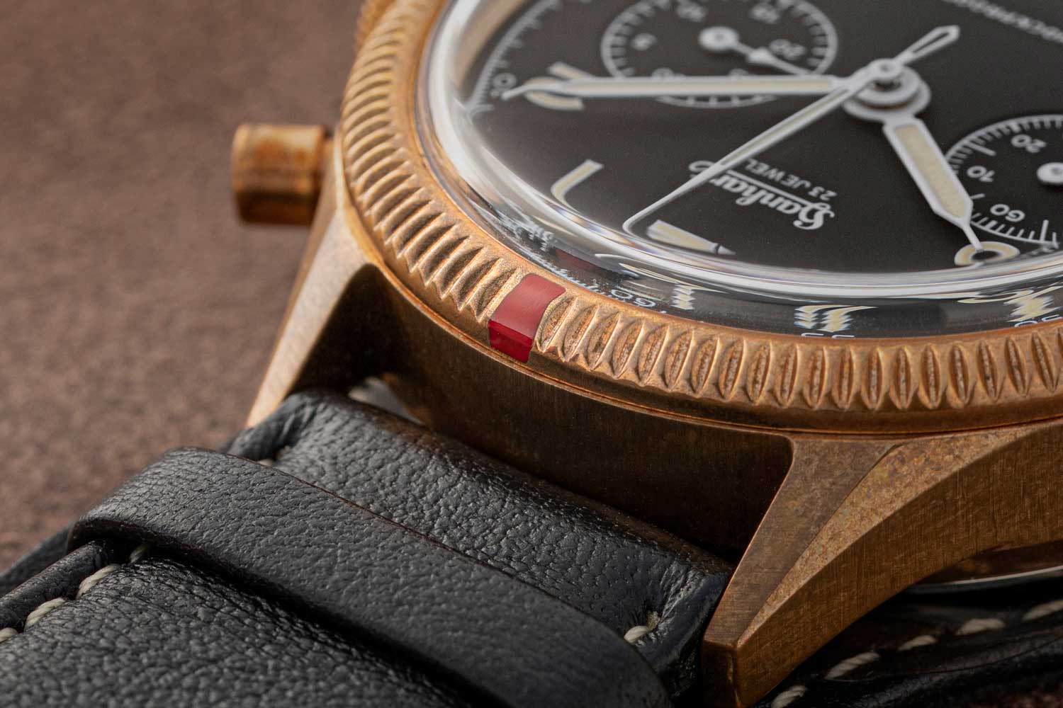 Hand assembled at Hanhart's workshops, The Rake & Revolution Limited Edition Bronze 417 Chronograph is offered on a quick-patinating bronze CuSn8 case