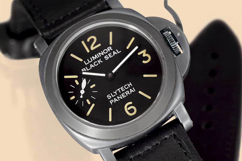 The 5218-218/A Luminor Marina with a black PVD-coated steel case and the four lines “Luminor, Black Seal, Slytech, Panerai” on its dial