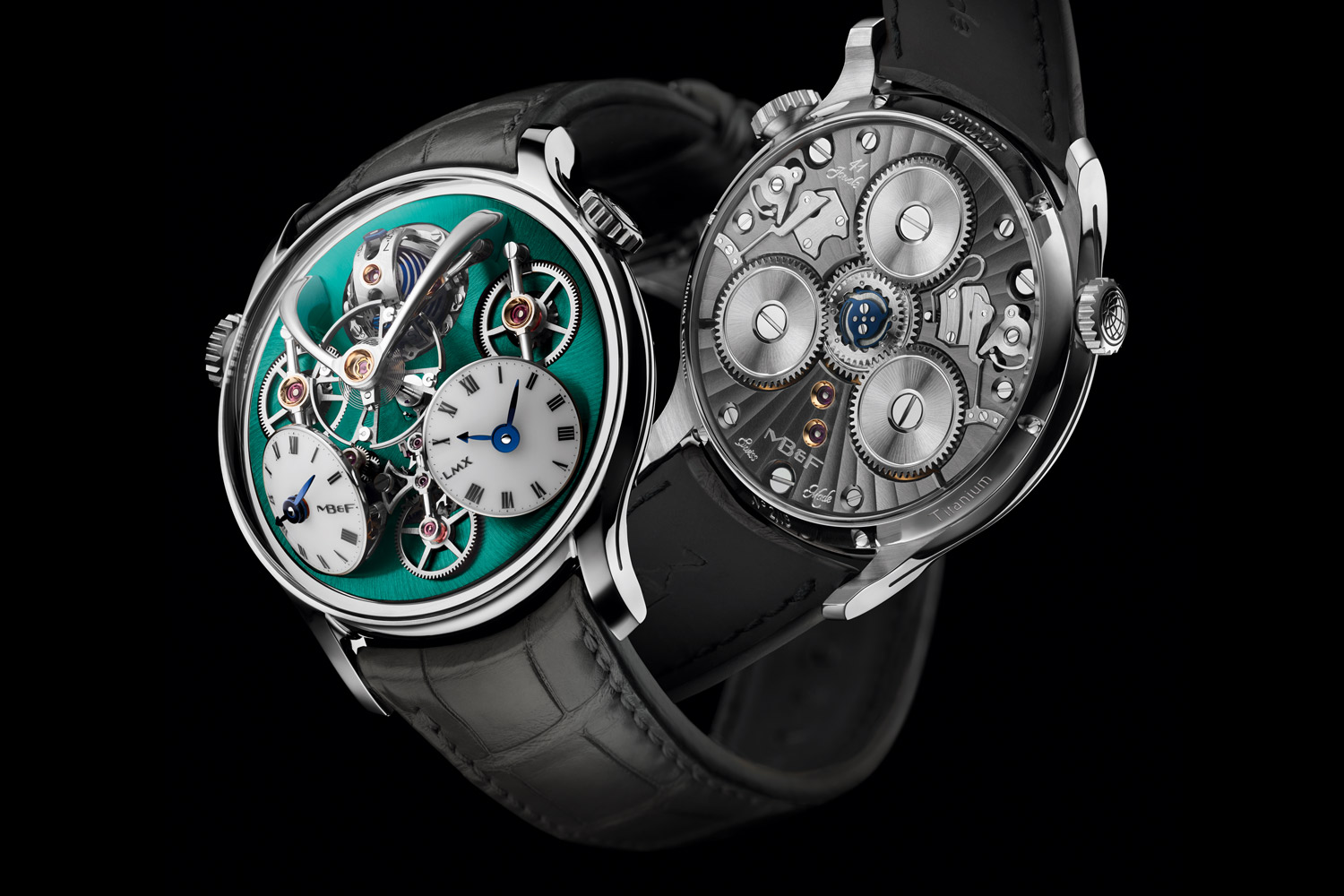 The MB&F LMX in polished grade 5 titanium with green CVD treatment on plates and bridges