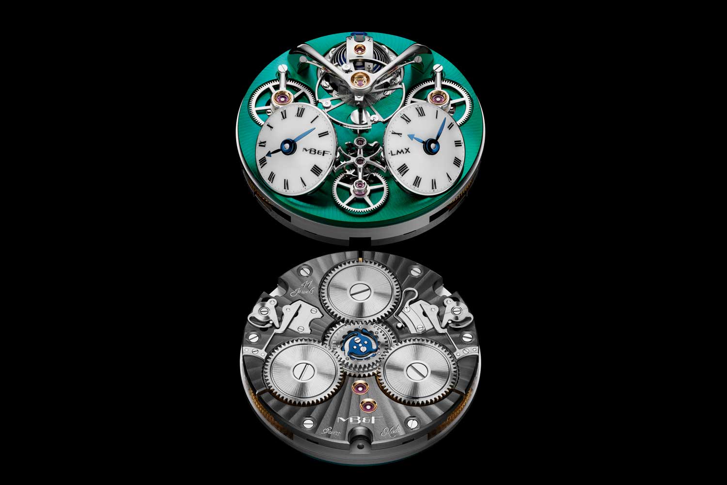 The MB&F LMX in polished grade 5 titanium with green CVD treatment on plates and bridges