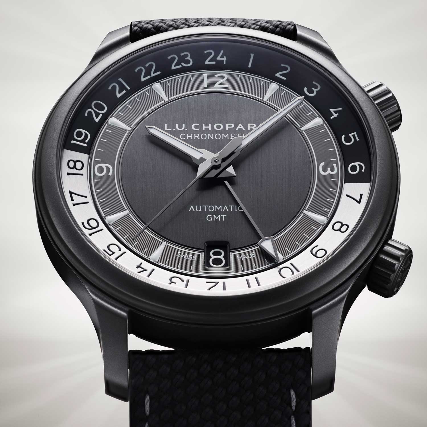 L.U.C GMT One Black – Ref. 168579-3004: in ceramised grade 5 titanium with black rubber strap; 250-piece limited edition