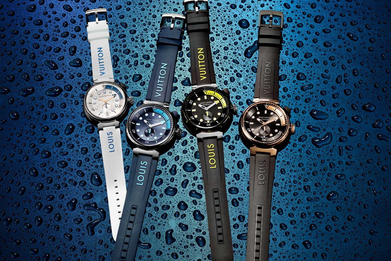 The new Louis Vuitton Tambour Street Diver in four lively colorways.