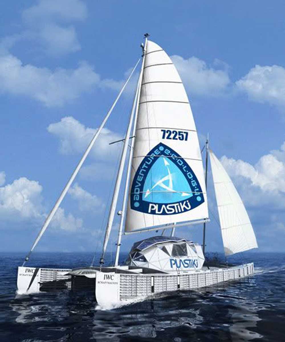 Rothschild’s 60 foot catamaran made entirely of plastic bottles and recycled waste products.