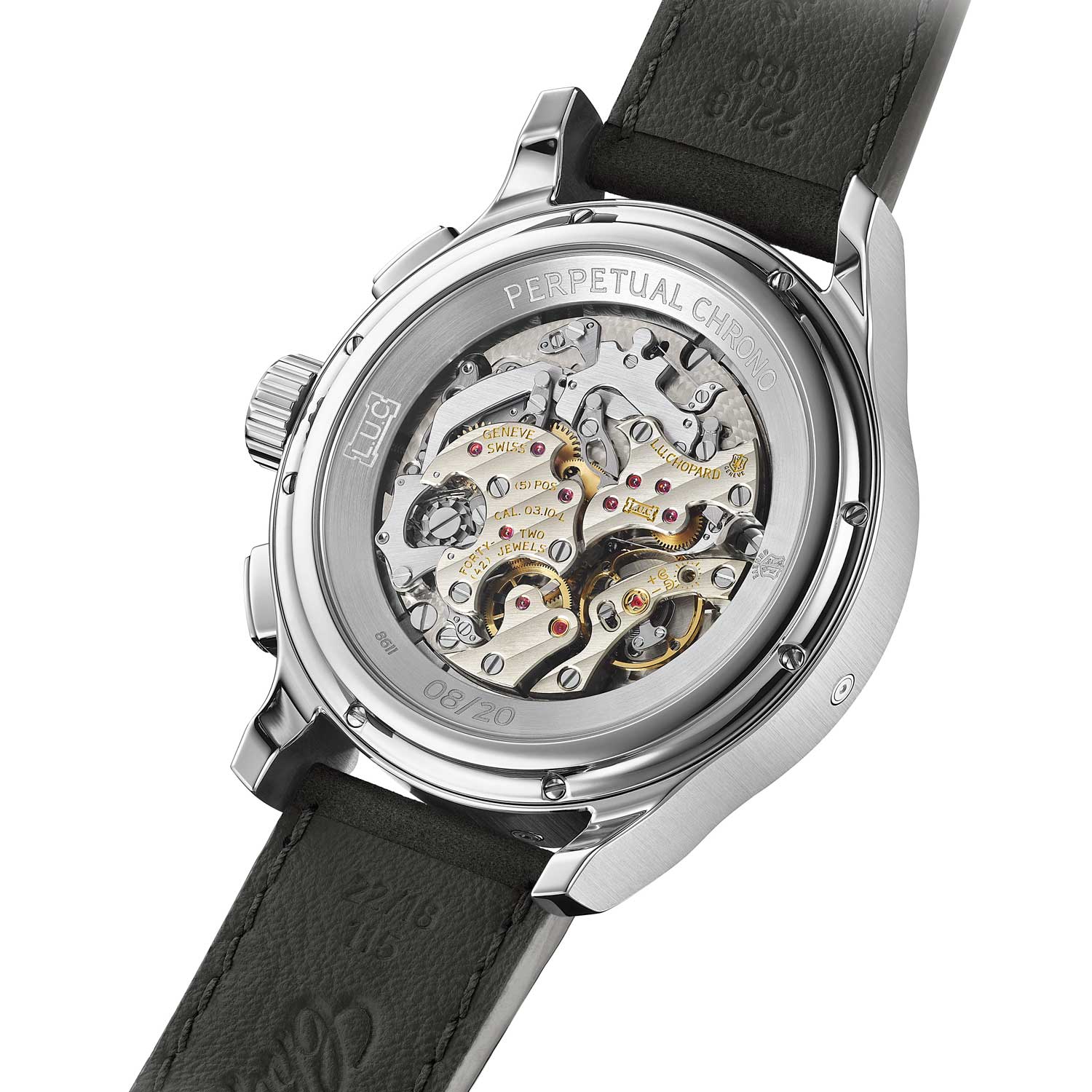 L.U.C Perpetual Chrono – Ref. 168611-3001: in grade 5 titanium fitted with a grey nubuck calfskin strap; numbered 20-piece limited edition