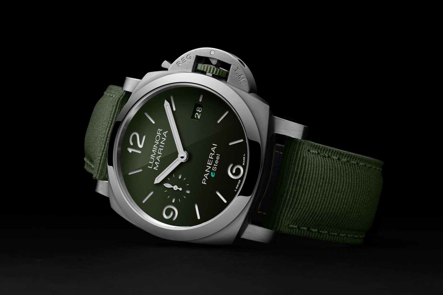 The Luminor Marina eSteel uses a recycled-based steel alloy to make its cases and dials.