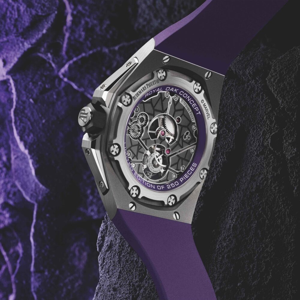 Aside from the purple details, some "Wakandan" graphic elements adorn the back side of the movement, cal. 2965.