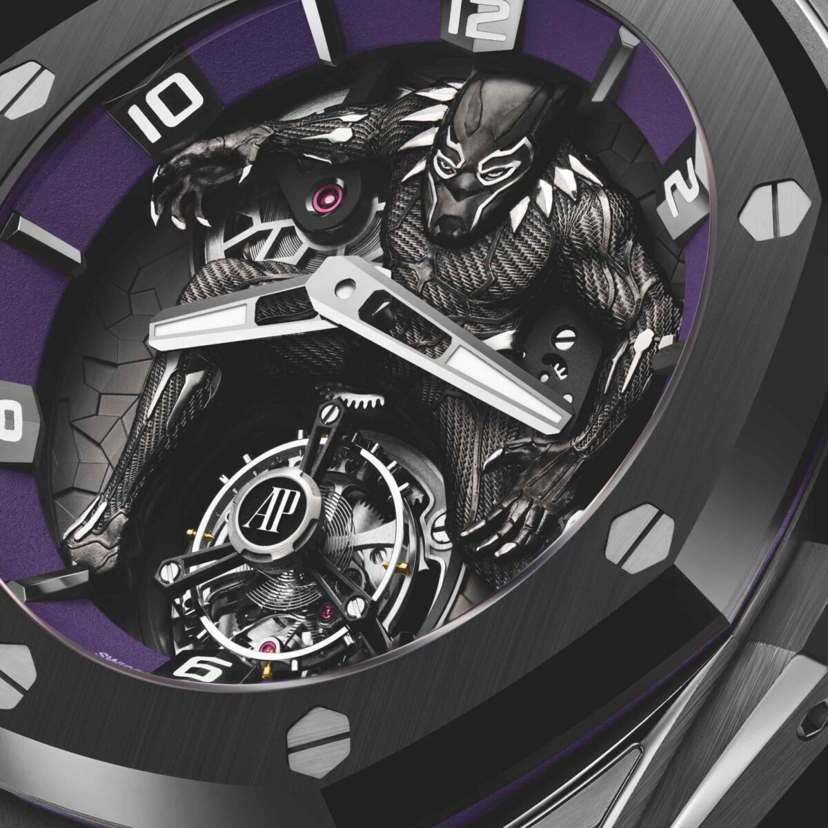 The RO Concept Black Panther is powered by the manual-wind cal. 2965, regulated by its flying tourbillon at 6 o'clock.
