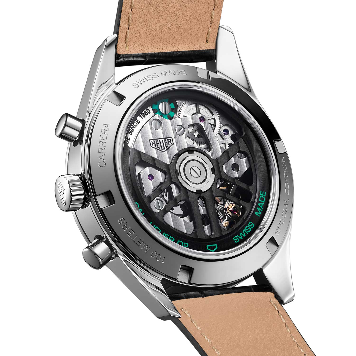 The caseback features interesting green elements that are playful and pleasing to the eye.