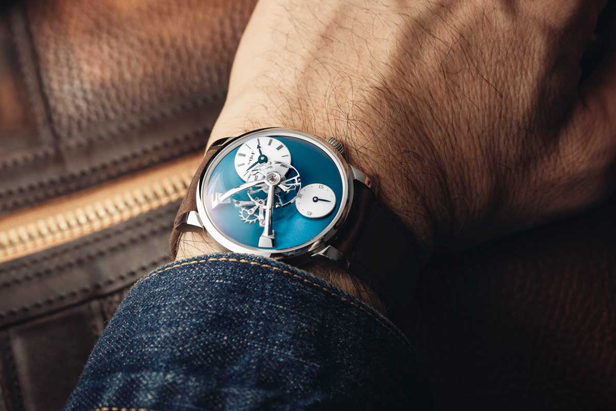 MB&F has introduced its first watch in stainless steel, the LM101 with a light blue dial, this year.