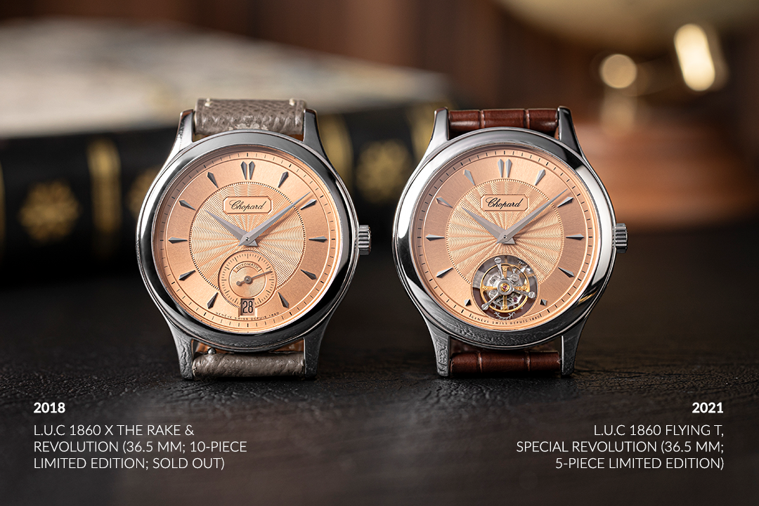 (L-R) In 2018, Mr Scheufele bestowed upon us the privilege to create the Chopard L.U.C 1860 x The Rake & Revolution, which was a limited edition of 10 pieces measuring 36.5mm in diameter and 7.2mm in height, a direct homage to the 1997 original Chopard L.U.C 1860 powered by the calibre 1.96; in 2021 story now continues with the Chopard L.U.C 1860 Flying T, Special Revolution, limited to just 5 pieces, again homage to the 1997 L.U.C 1860, but now fitted with a 3.5 Hz tourbillon within a case that measures 36.5mm in diameter and an extra 1mm of height of 8.2mm, to accommodate the tourbillon regulating organ (©Revolution)