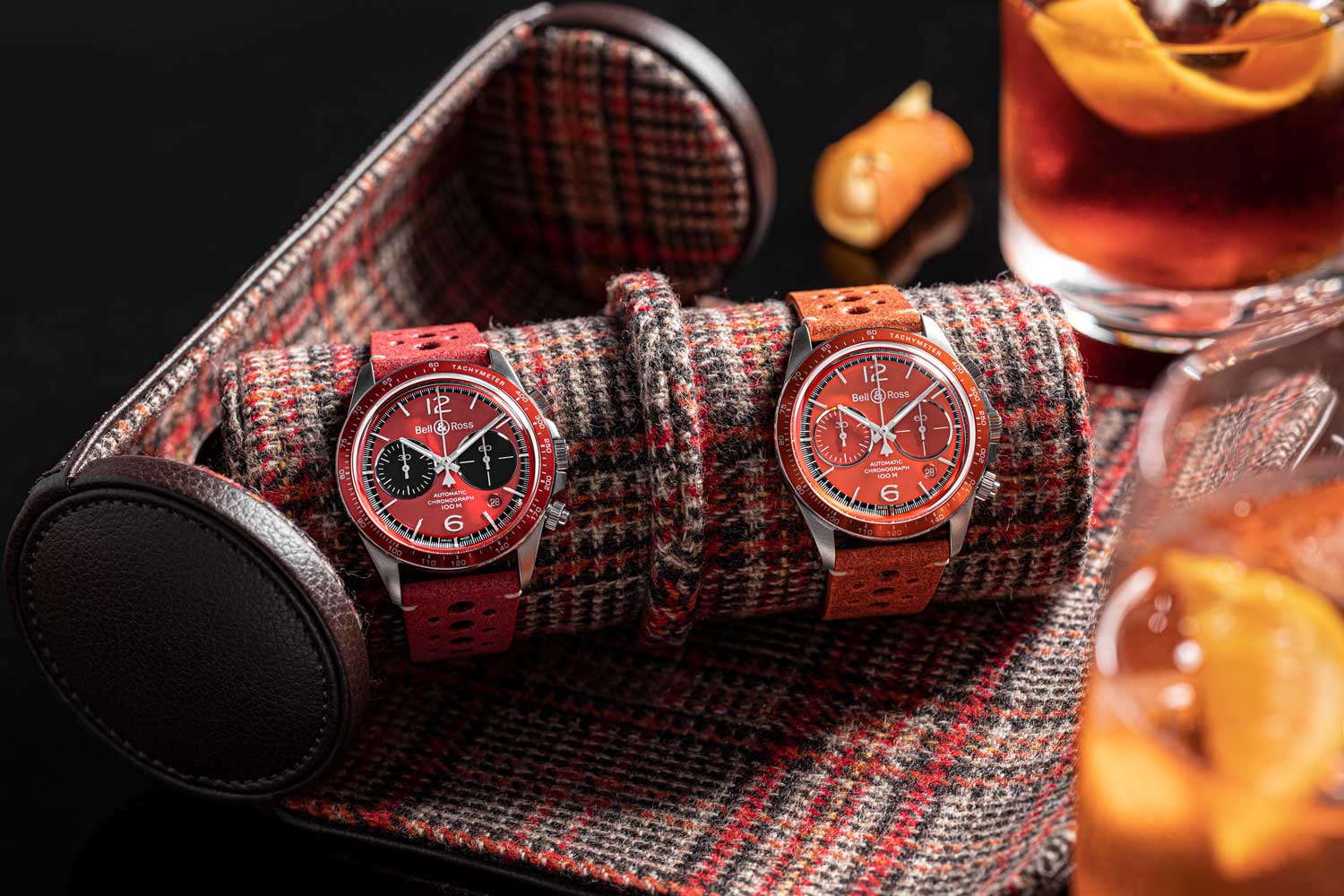 The watches come with a WM Brown X WOLF Watch Roll, crafted in classic smooth brown leather and lined with a Negroni tweed. The roll features WOLF’s patented Watch Guards to keep your timepieces protected. (©Revolution)