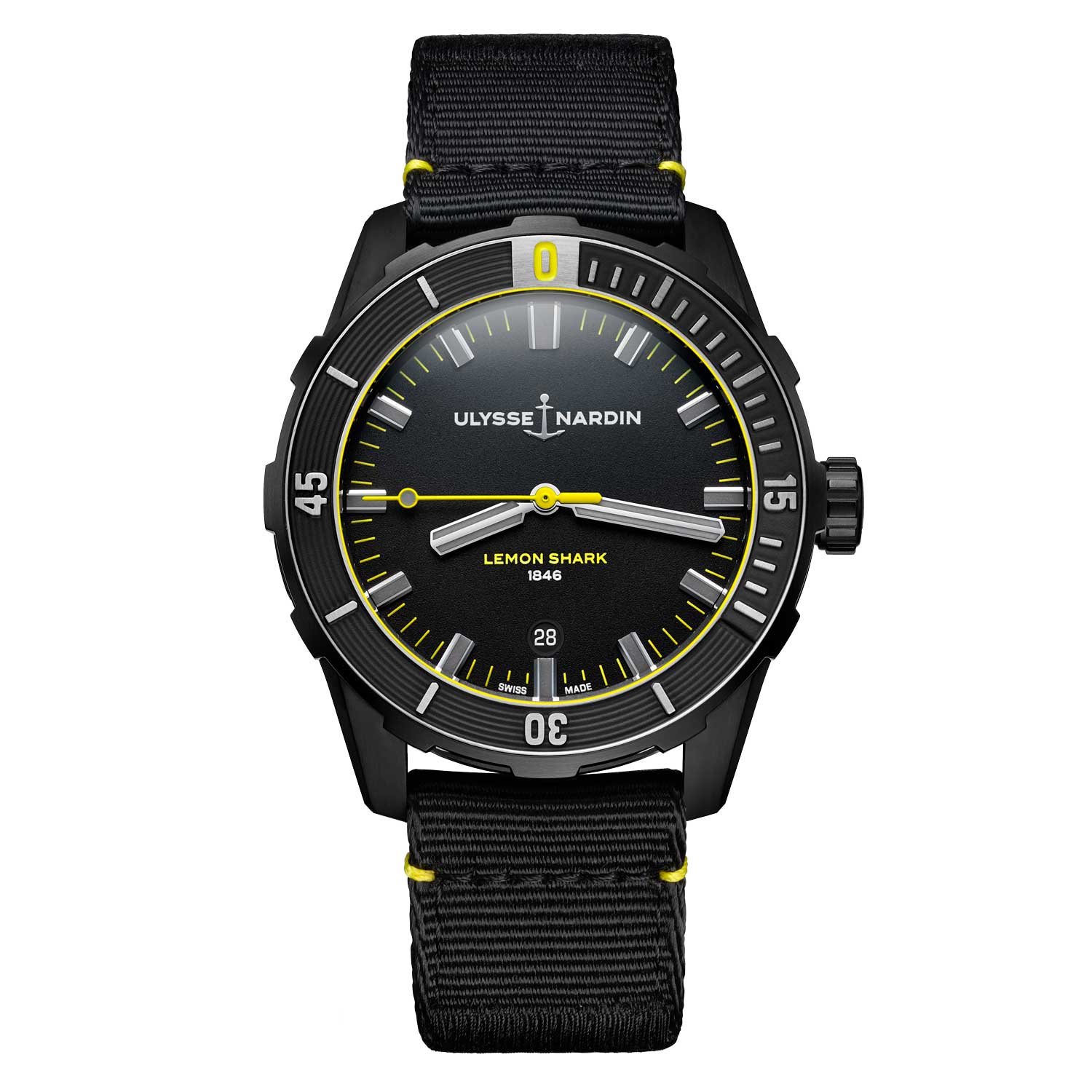With water resistance to 300 meters, this sleek black DLC diver features a yellow lemon shark stamp on the dial.