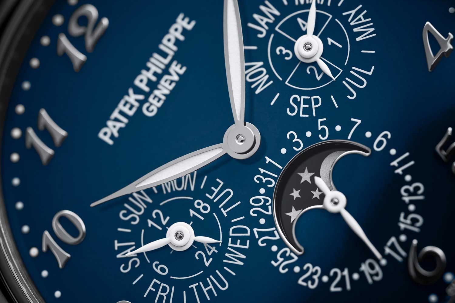 The deep blue grand feu enamel dial is a wonderful expression of Patek Philippe's restrained classicism, with applied Breguet-style numerals and a traditional perpetual layout with a moonphase at six