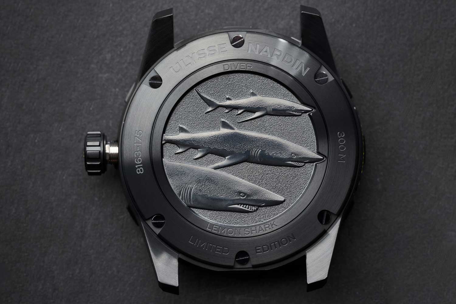 The solid caseback features a highly detailed and textured engraving of three lemon sharks