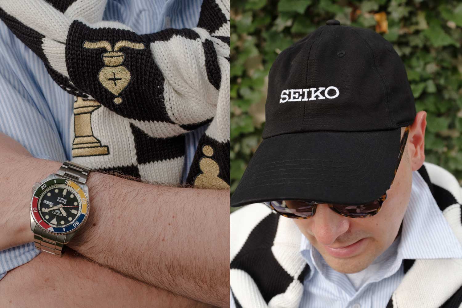 Jeremy Kirkland sporting the Rowing Blazers x Seiko the four color colorblock model