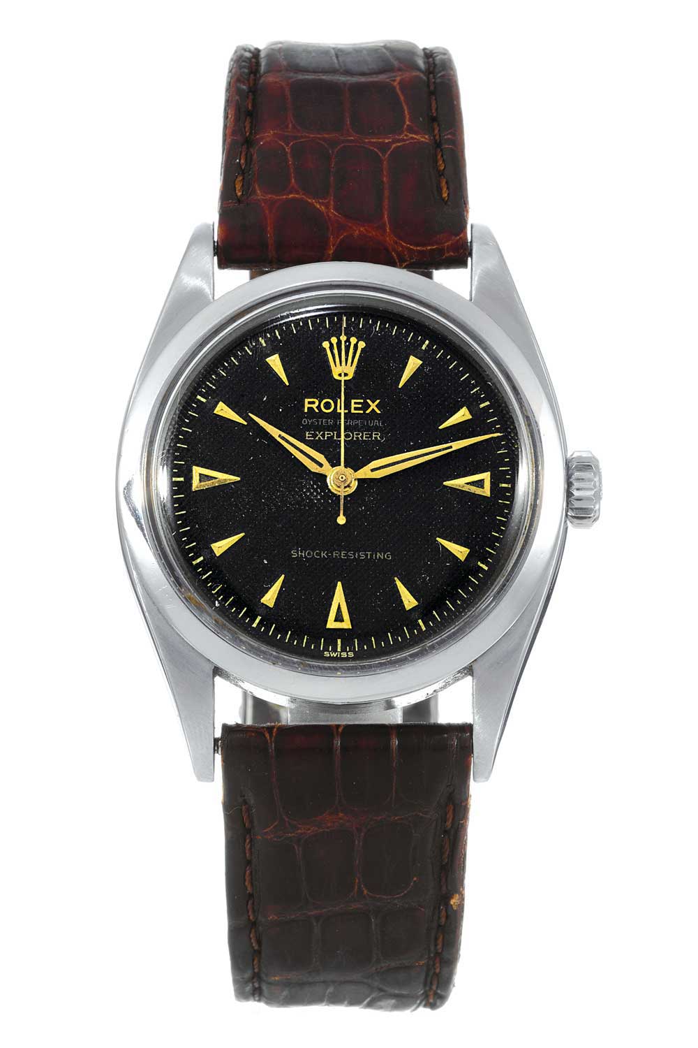 Rolex Explorer ref. 6298 with black dial. Both 6298 and 6098 featured characteristically 1950s Rolex Oyster dials with closed minute track, applied arrow hour markers and applied Rolex coronet.