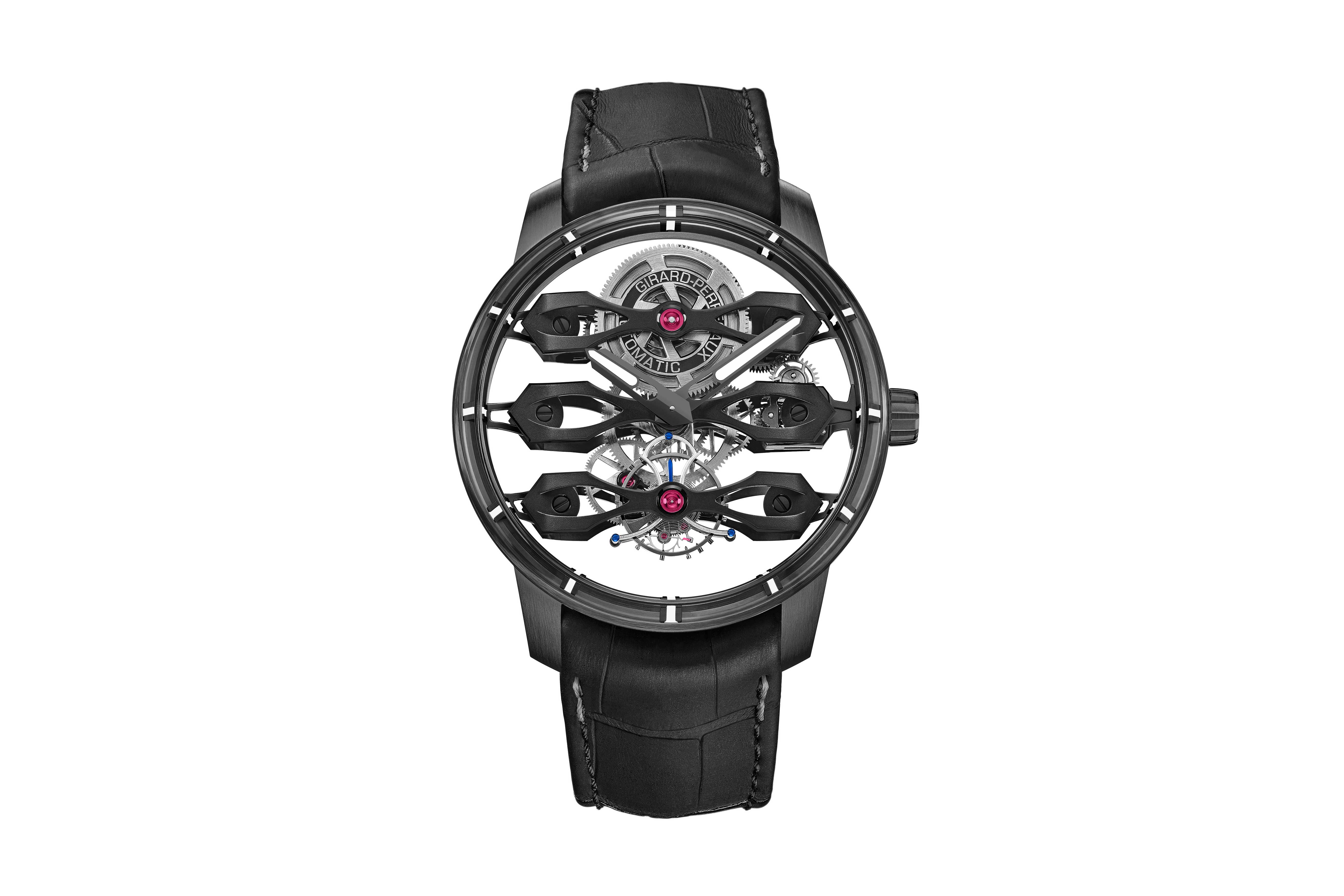 The Girard-Perregaux Tourbillon with Three Flying Bridges – Aston Martin Edition, seen here on the alligator strap with rubber effect fitted on triple folding buckle in grade 5 titanium with black DLC coating