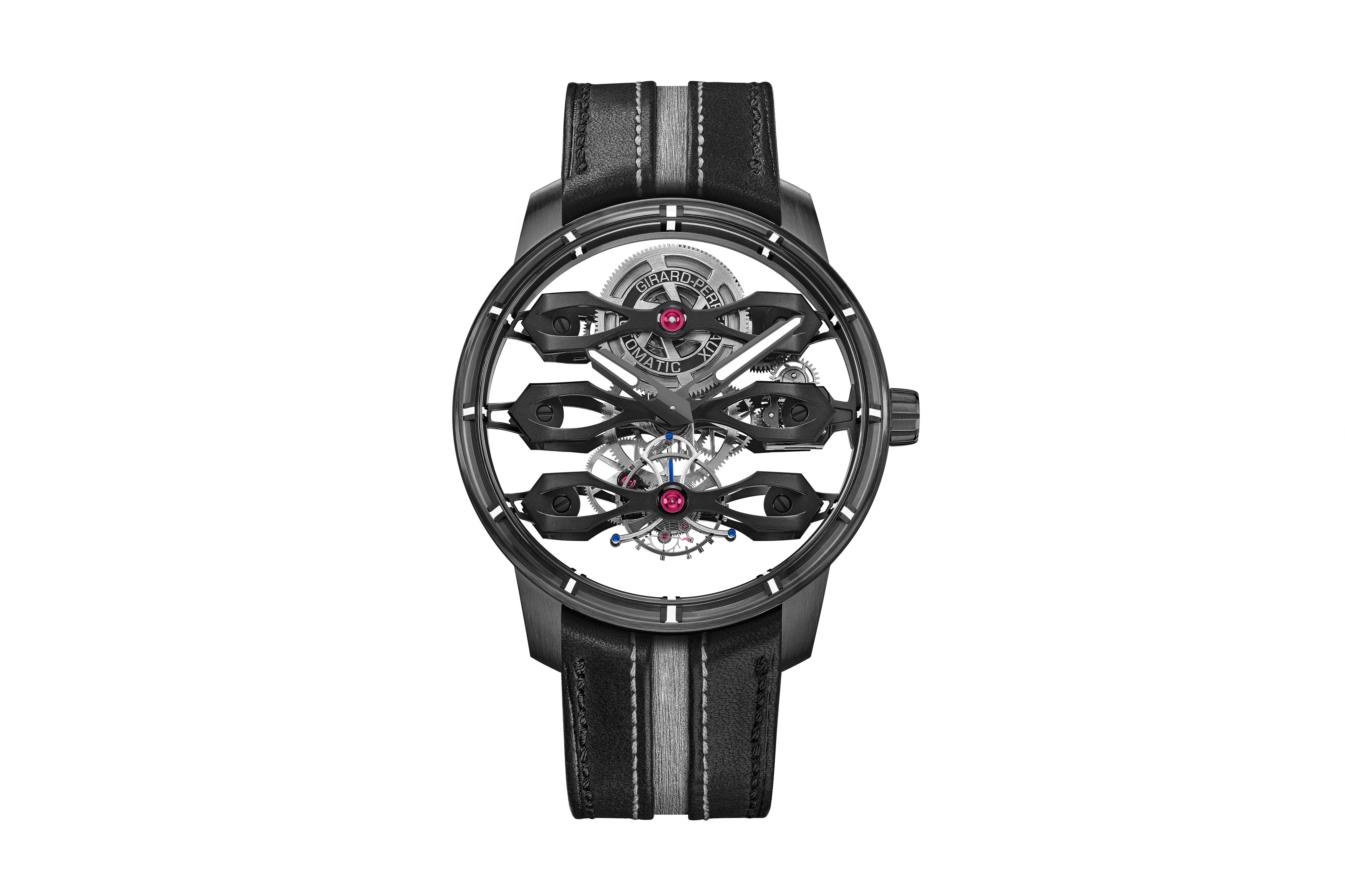 The Girard-Perregaux Tourbillon with Three Flying Bridges – Aston Martin Edition, seen here on the black calf leather strap with rubber alloy (injected white gold on rubber) insert