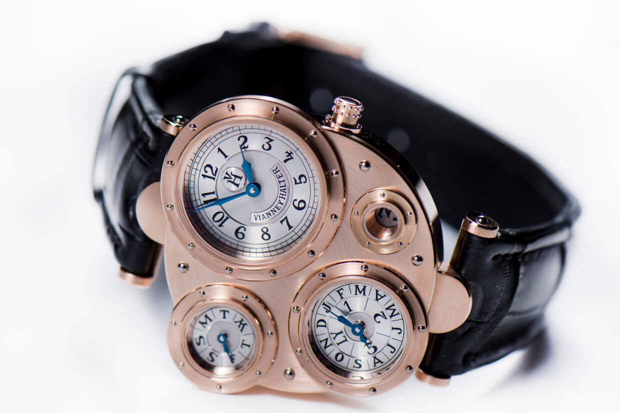 Halter presented the Antiqua at the Baselworld fair in 1998. It was an instantaneous perpetual calendar wristwatch that was revolutionary in its reverse- tech, steampunk design with four subdials (Image: Fred Merz)