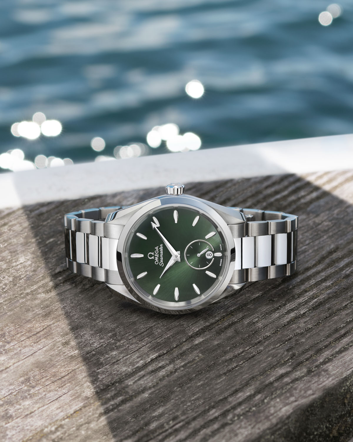 38mm Aqua Terra 150m with a green dial and mother-of-pearl hour markers