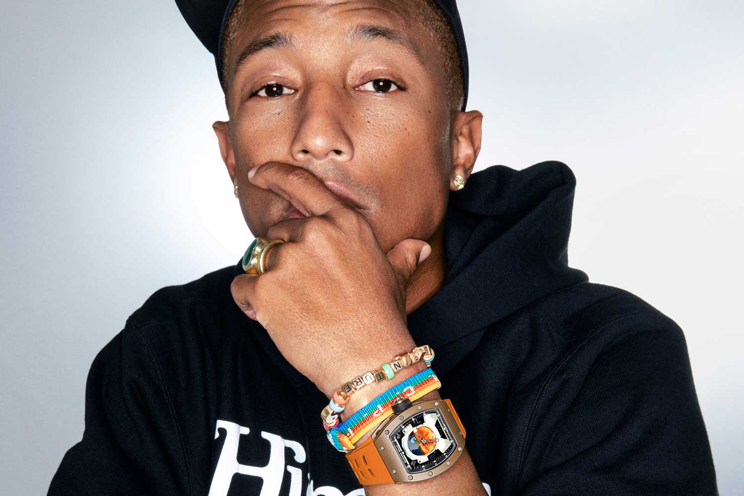 Pharrell Williams with the Richard Mille RM 52-05 Tourbillon Pharrell Williams on his wrist (Image: Robert Jaso)