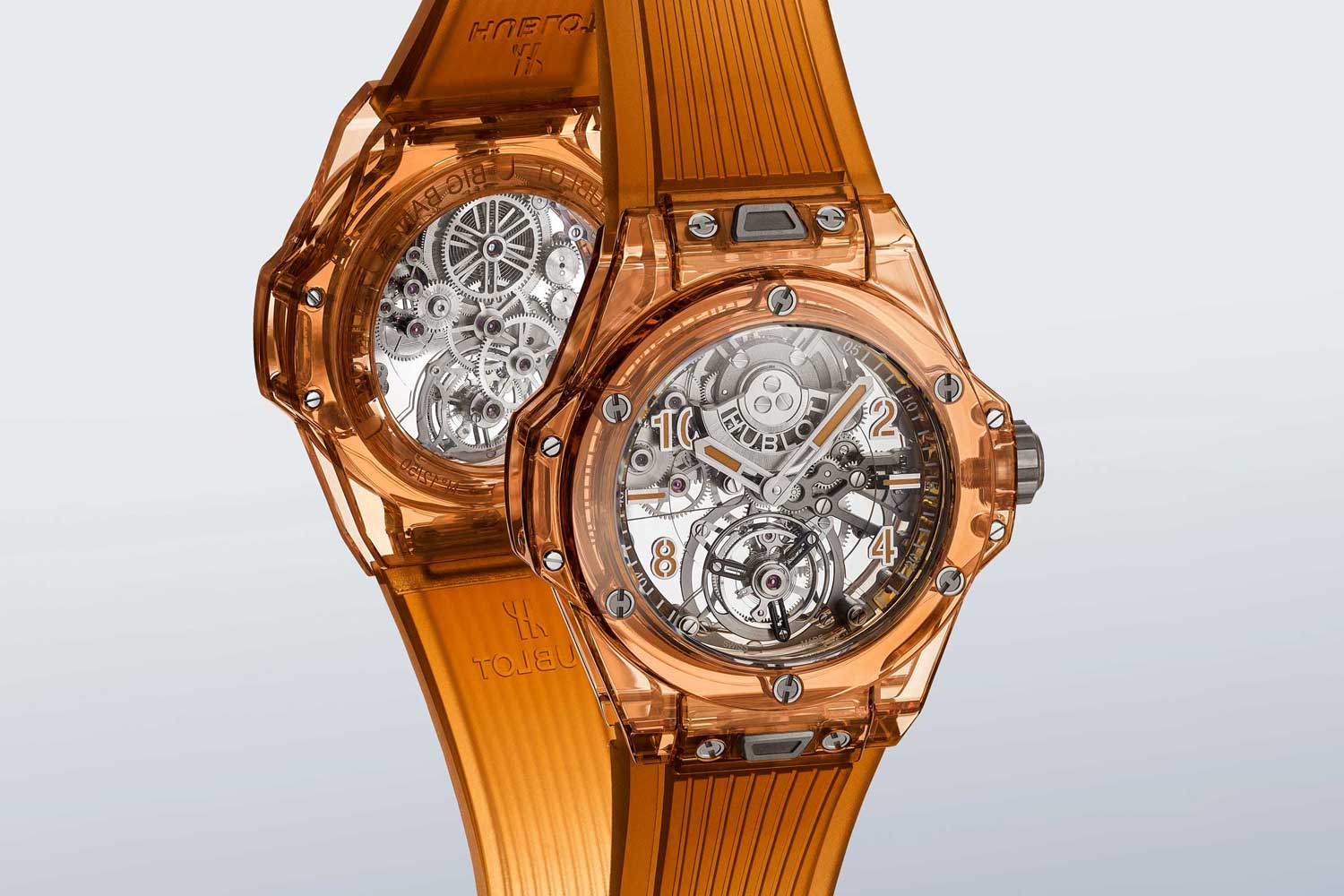 Hublot's orange sapphire is a world first for a material that is through-tinted and is achieved by the use of titanium and chromium in a top-secret manufacturing process