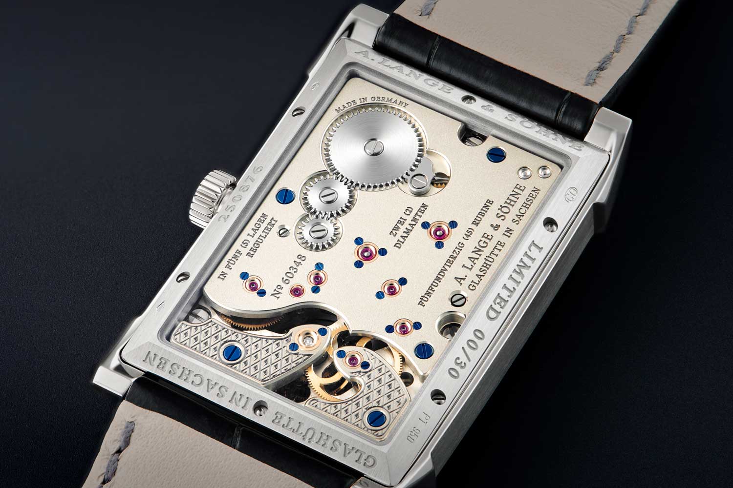 The Lange manufacture calibre L042.1, manually wound, decorated and assembled twice by hand; three-quarter plate made of untreated German silver; tourbillon and intermediate wheel cocks engraved by hand (©Revolution)