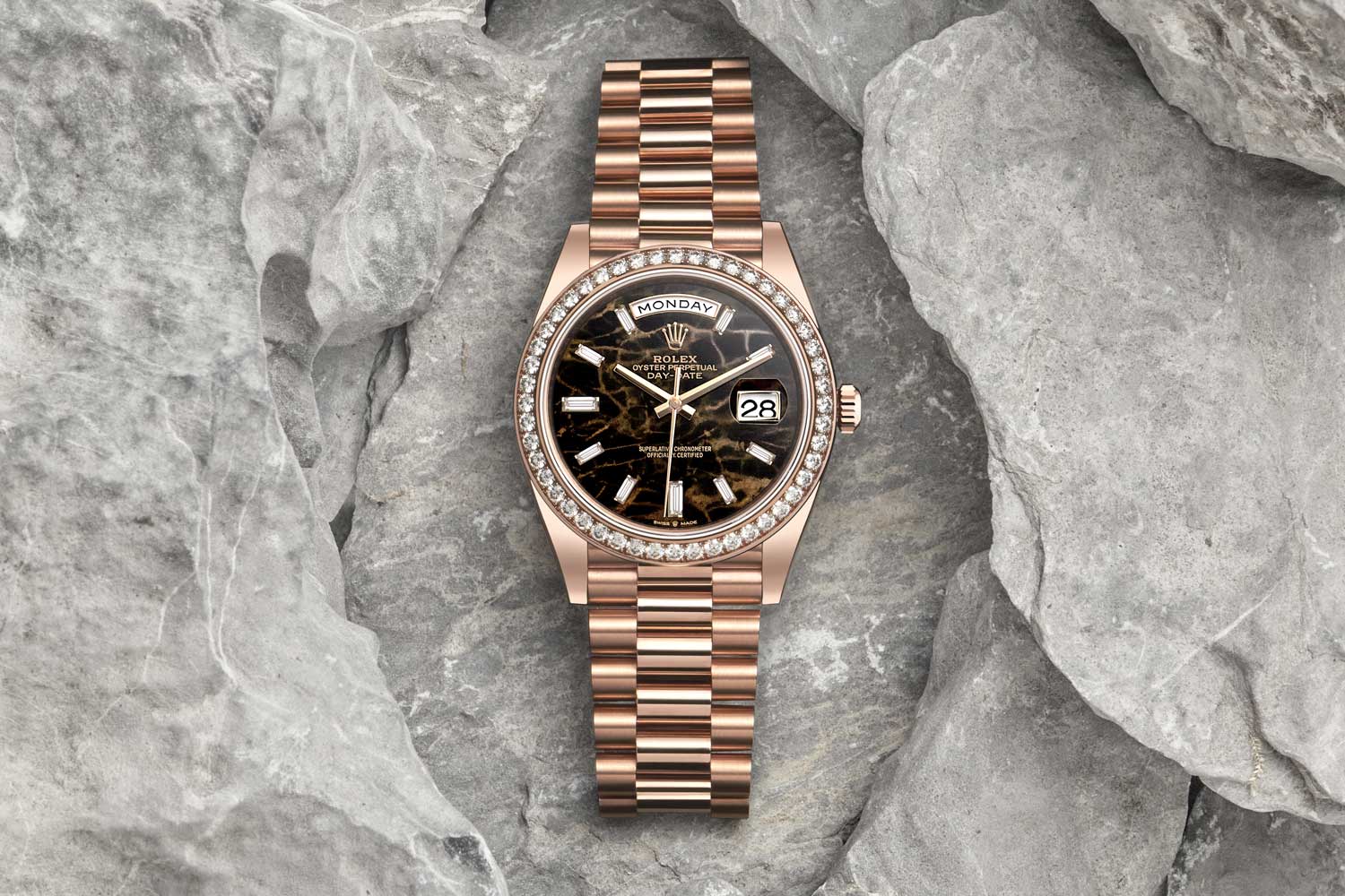 One of Rolex's several under-radar launches at Watches & Wonders 2021 was a new Date-Date with an eisenkiesel stone dial in both the 36mm and 40mm sizes