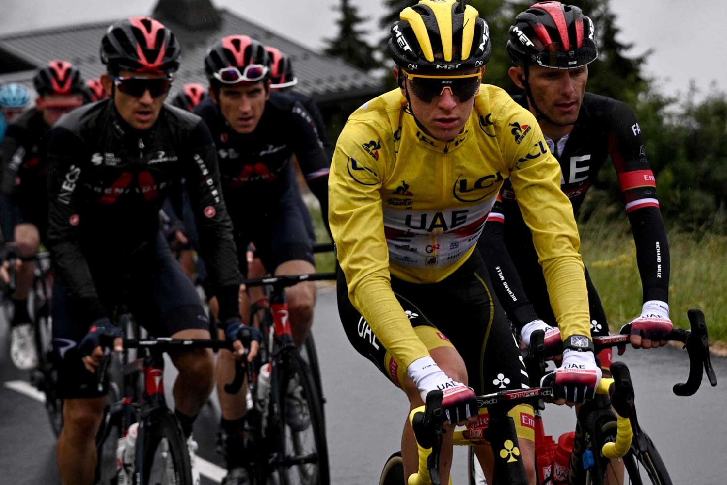 UAE cyclist, Tadej Pogačar w,inner of Tour de France 2020, leading out in front in yellow at Tour de France 2021 (Image: Getty)