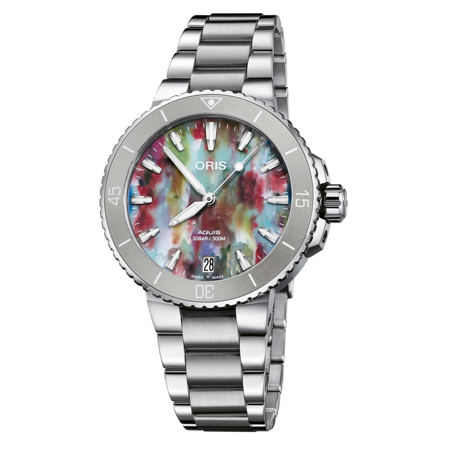 The speckled, multi-coloured dial of this Aquis is made from upcycled plastic materials