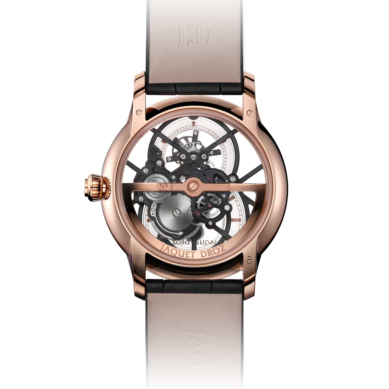 The watch is equipped with Jaquet Droz caliber 2625SQ that delivers a power reserve of seven days