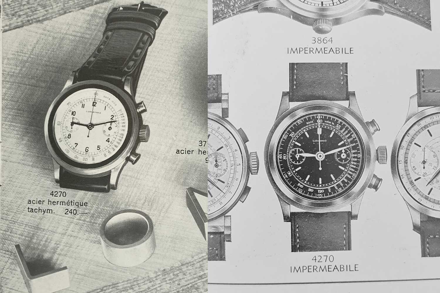 Two catalogue images from the end of the ’30s advertising a reference 4270 for sale. The words “acier hermétique tachym.” refer to the steel waterproof case of the watch and its tachymeter scale.