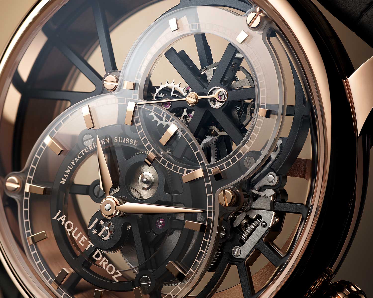 The tourbillon cage follows the geometry of the skeleton movement, with a triple cross shape which, once a minute, aligns perfectly with its bridges