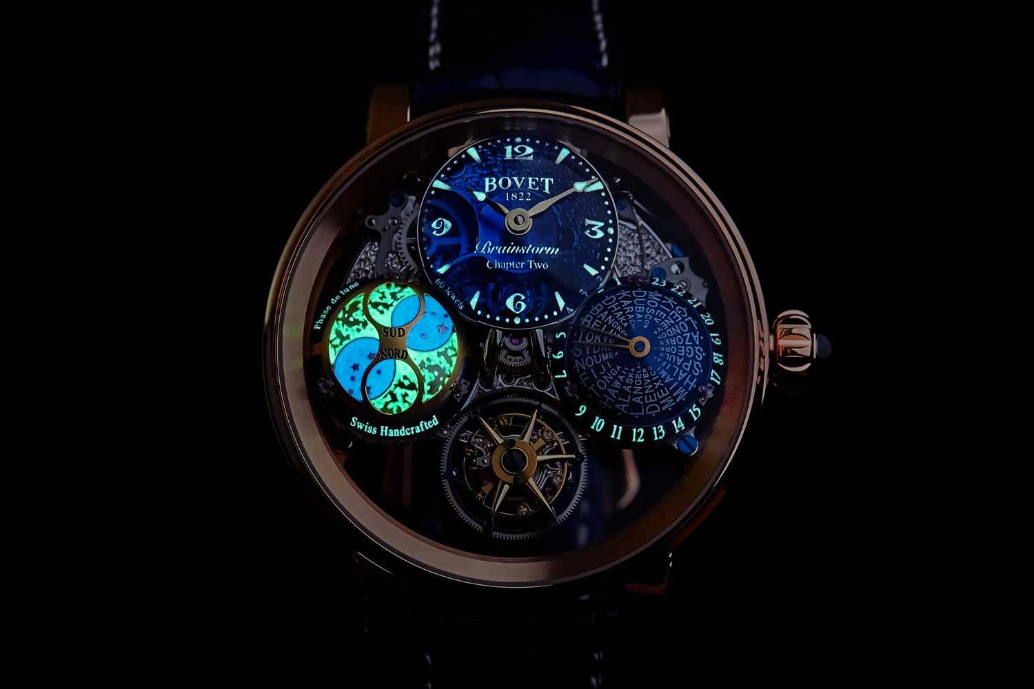 The watch features Bovet’s patented double-sided flying tourbillon, a second-time zone with a twenty-four city disc and a precision moon phase showing both hemispheres