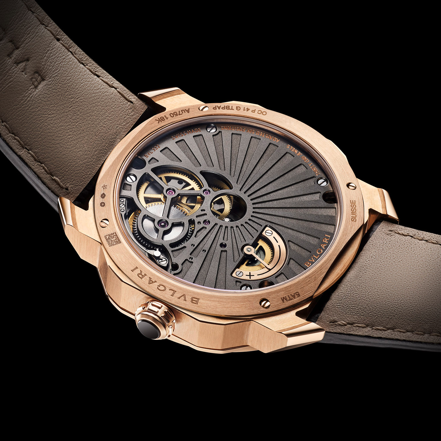 The Octo Roma Tourbillon Central Papillon is powered by the Calibre BVL 332, which has a total power reserve of 60 hours.