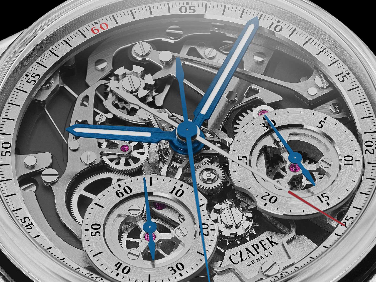 The new automatic SHX6 caliber showcases the split-seconds mechanism on the front side for the first time. A couple of column wheels are in charge of controlling the chrono operation. The tripod in the middle serves as the structural center for the gear train (above) and the split-secs assembly (below).
