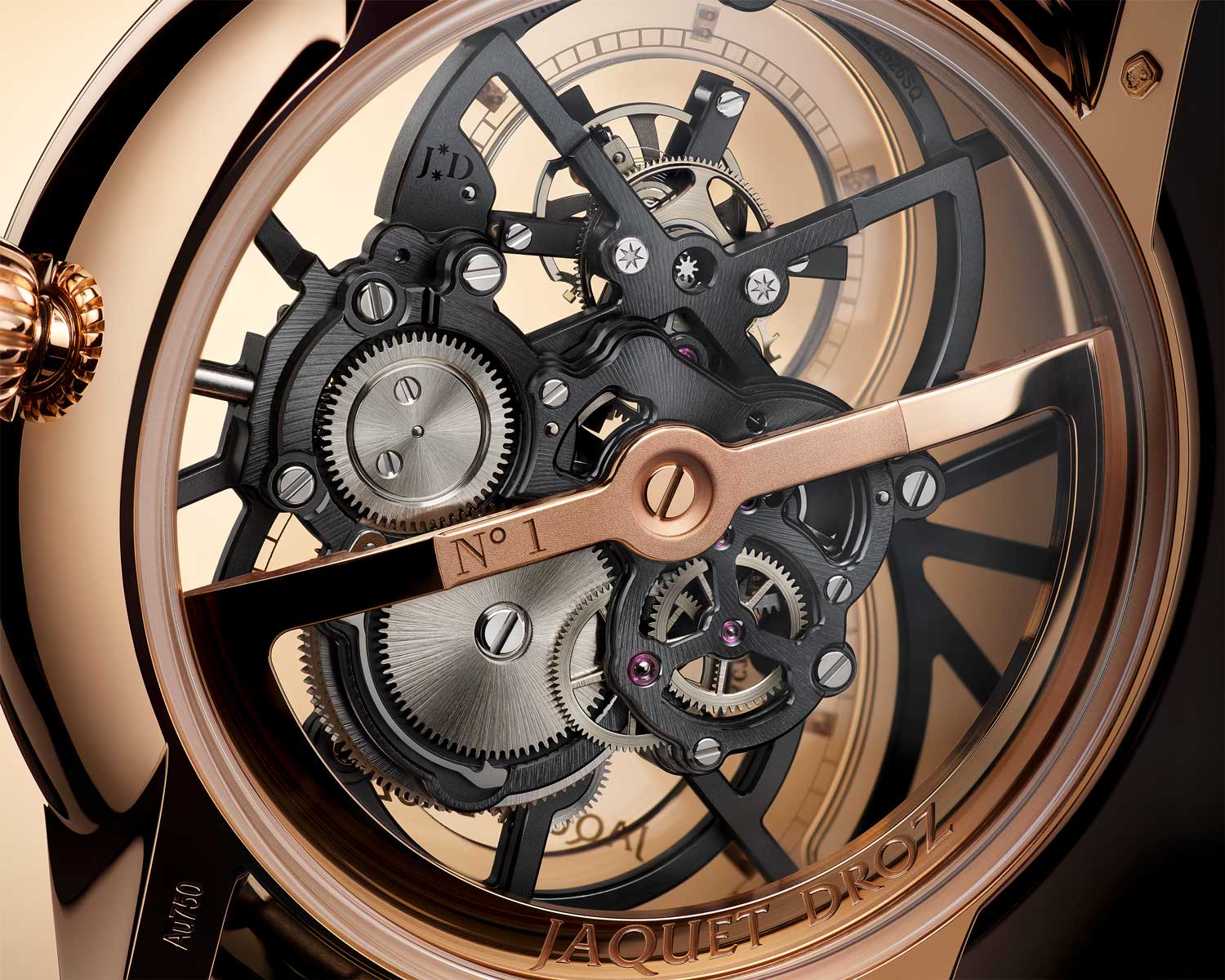 The 18k red gold oscillating weight is skeletonized to provide a visual illusion wherein it is visible from the case back, yet it is invisible from the dial side
