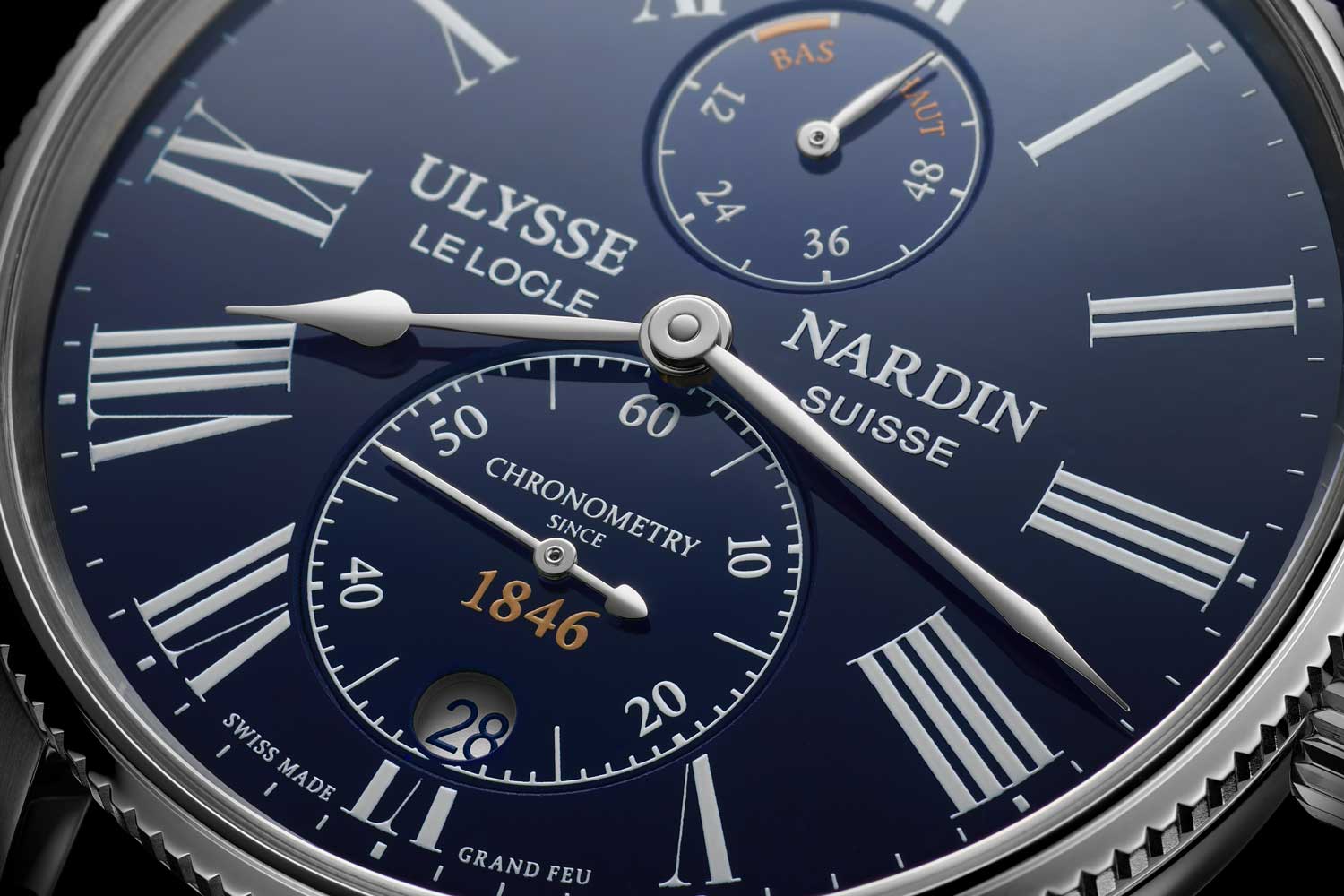 The watch’s cathedral hands, Roman numerals and sub-dials in a vertical arrangement are features that were originally seen in the UN chronometers from the 19th century.